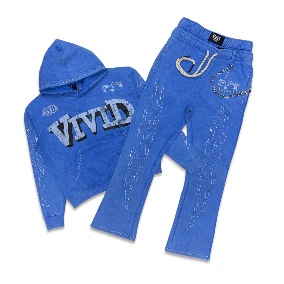 Elite Denim Men’s Vivid Premium Heavy Rhinestone Jogger Set Light Blue