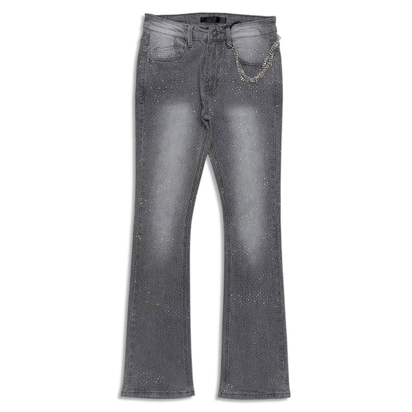 KDNK Men’s Rhinestone Skinny stacked Jeans with Chain - Grey