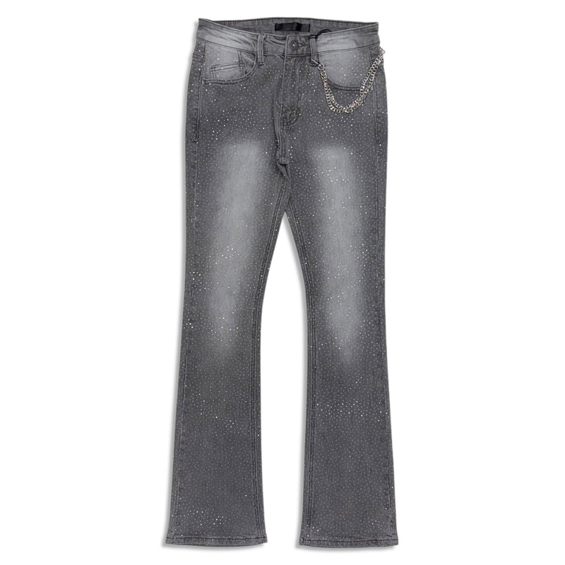 KDNK Men’s Rhinestone Skinny stacked Jeans with Chain - Grey