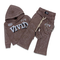 Elite Denim Kids Vivid Premium Heavy Rhinestone Jogger Set Brown