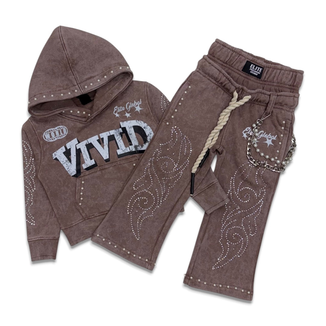 Elite Denim Kids Vivid Premium Heavy Rhinestone Jogger Set Brown