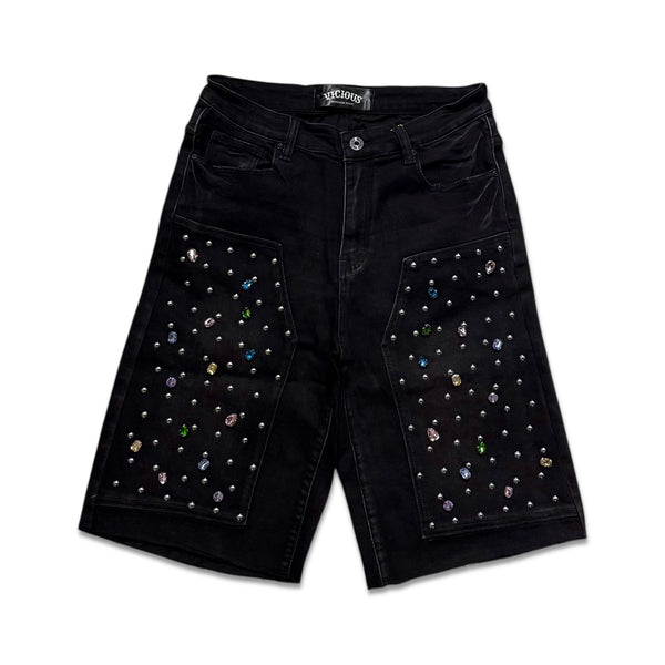 Vicious Denim Men's Embellished Multicolor Gem denim shorts - Black