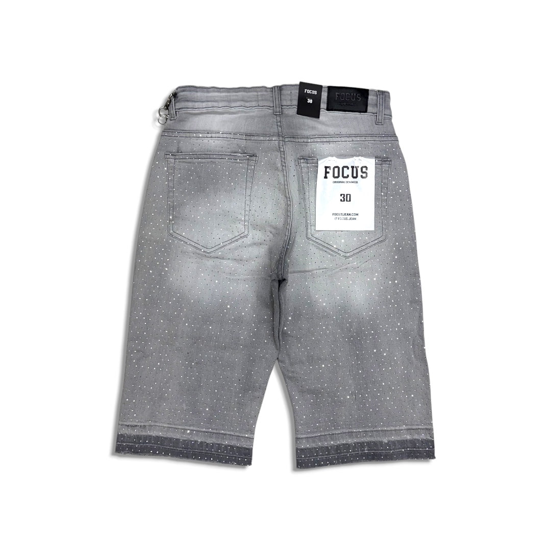 Focus Crystal Rhinestone Denim Shorts Grey
