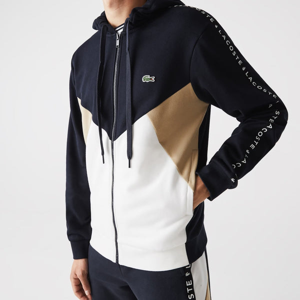 Lacoste (Men’s navy blue color block lettered fleece zip up hoodie)