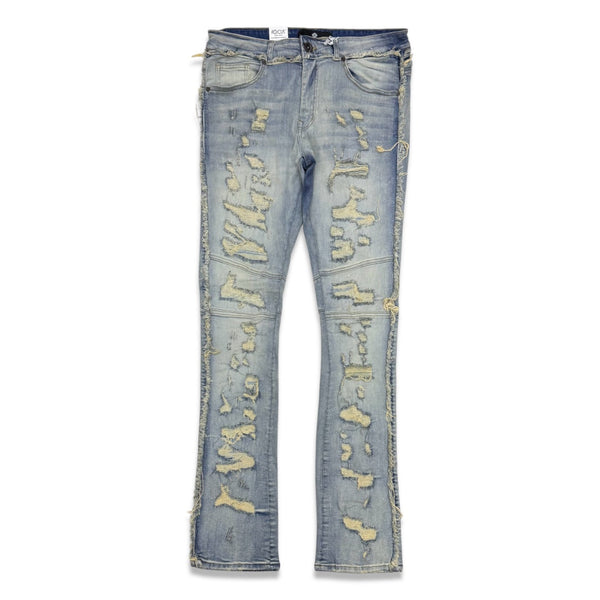 Focus denim (Blue tan wash frayed stitch knee line stacked jean)