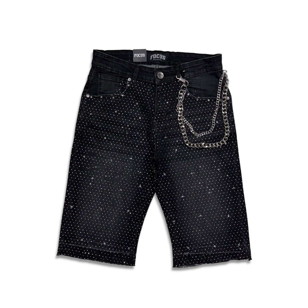 Focus Crystal Rhinestone Denim Shorts Black Wash