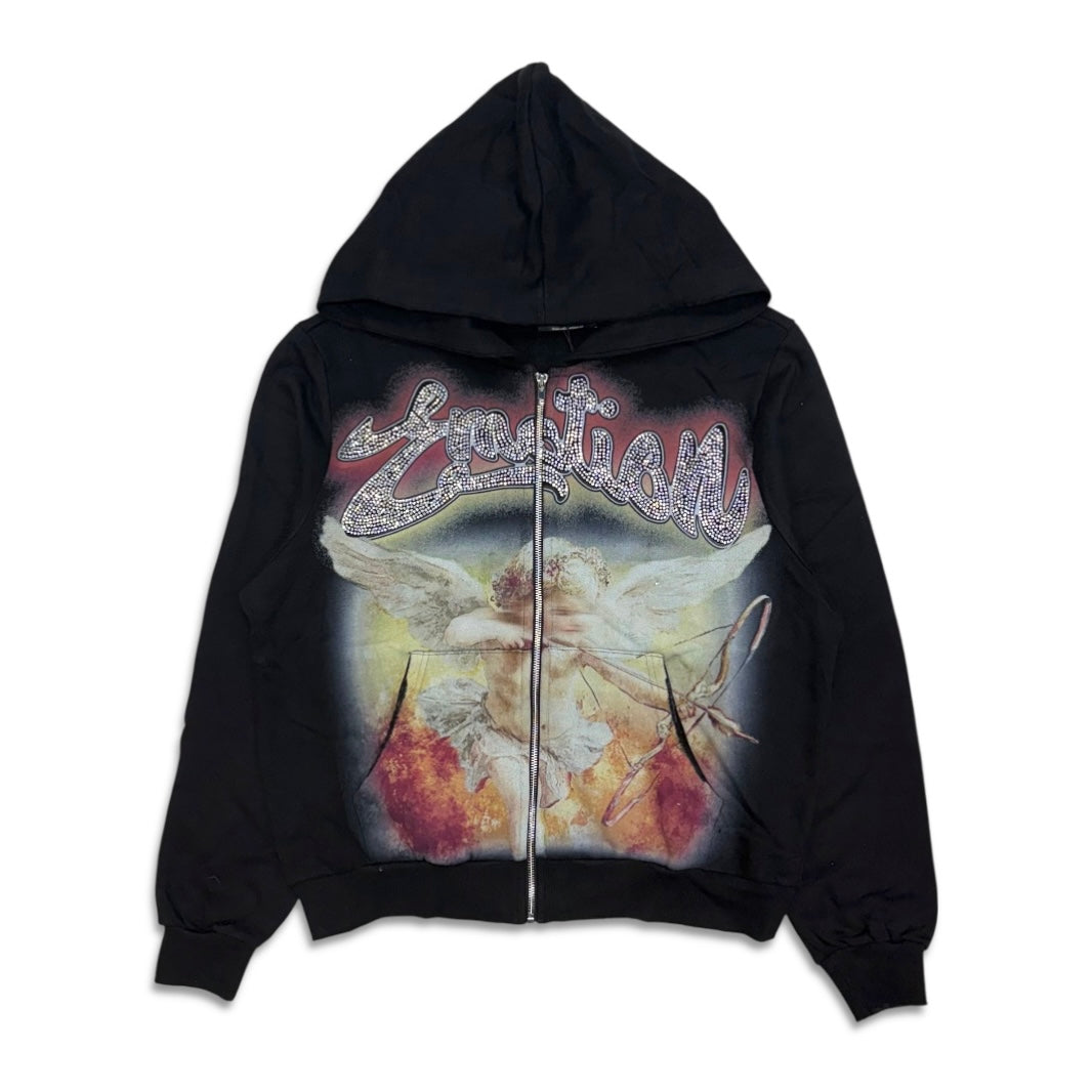 Mixed Emotion Rhinestone Hoodie Black Acid wash