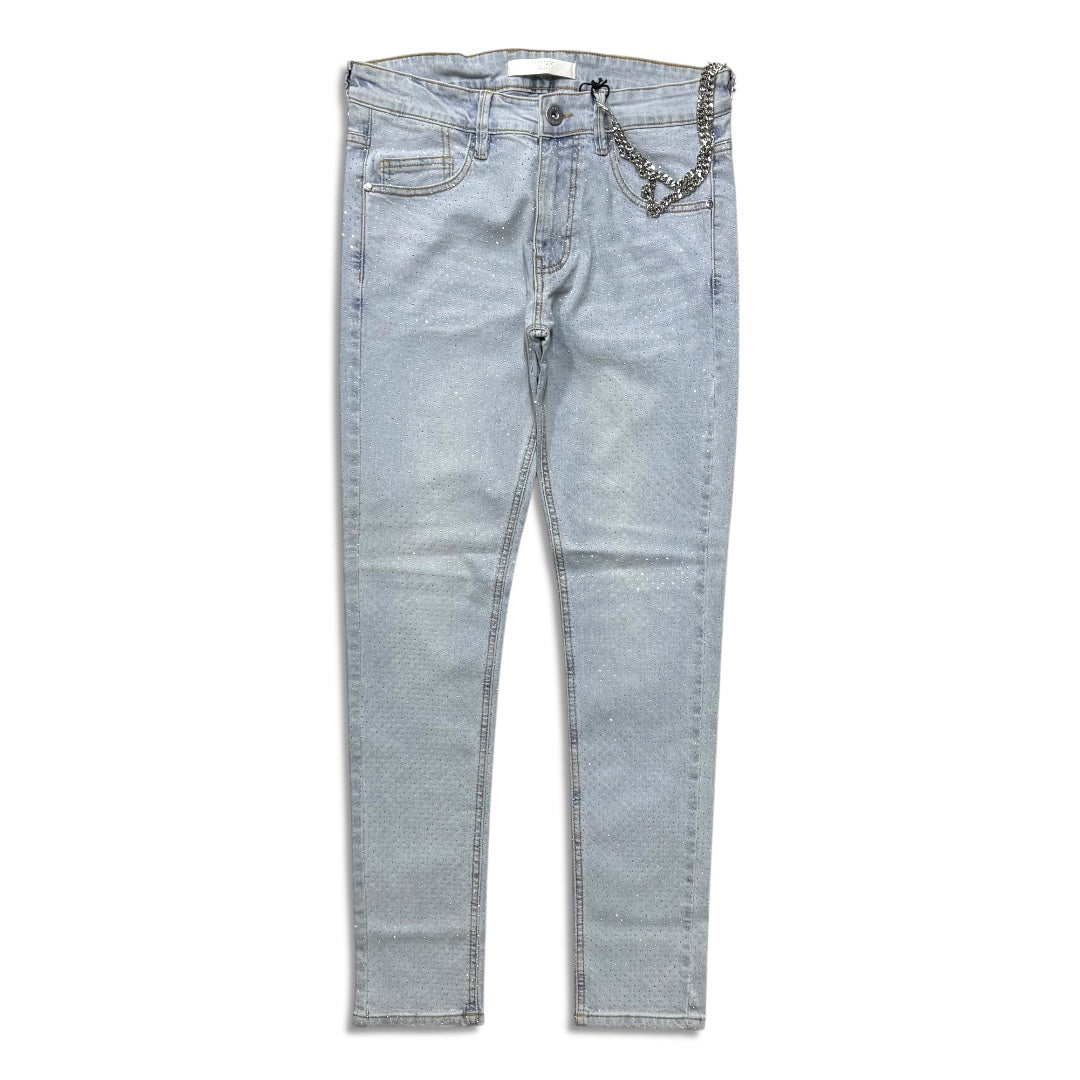 Kdnk Men's rhinestone skinny jeans light blue wash