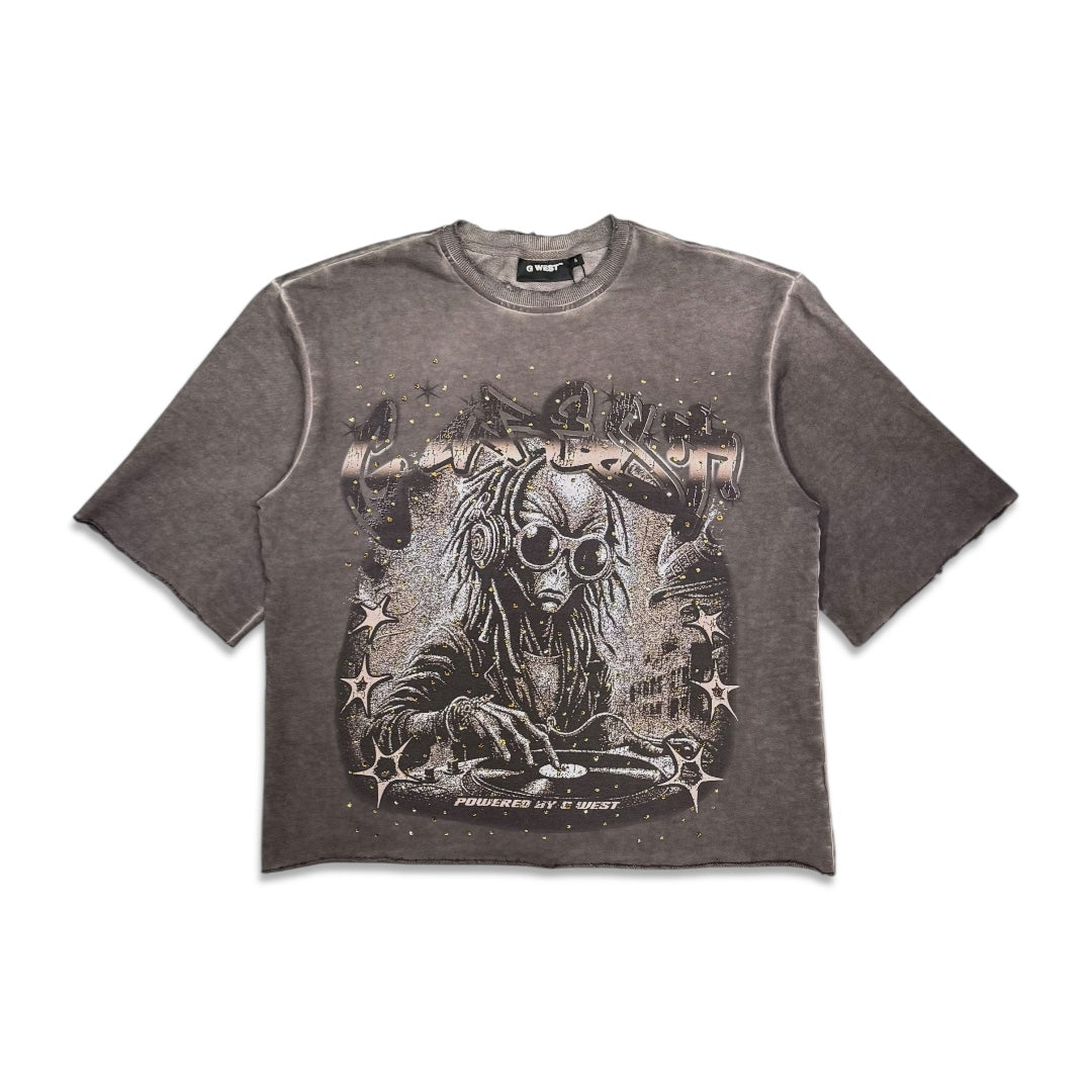 G west Men's Rhinestone no pulse just vibe crop tee brown oil wash