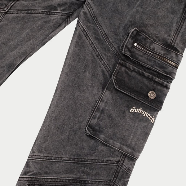 Godspeed rockstar flare cargo denim jean grey wash