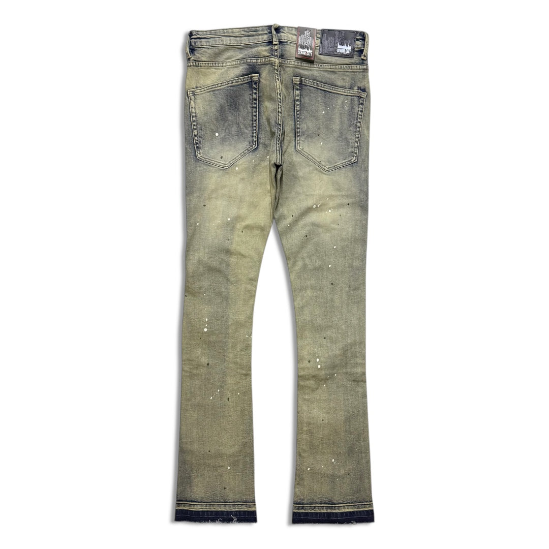 Denimicity Men’s Rip & Repair Stacked Jeans Dark Vintage with Olive stitch