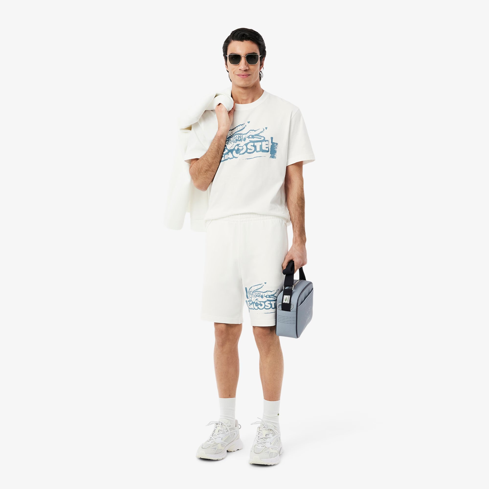 Lacoste Men's Graphic Print Cotton Fleece Shorts -white/blue GH0286-51-CPI