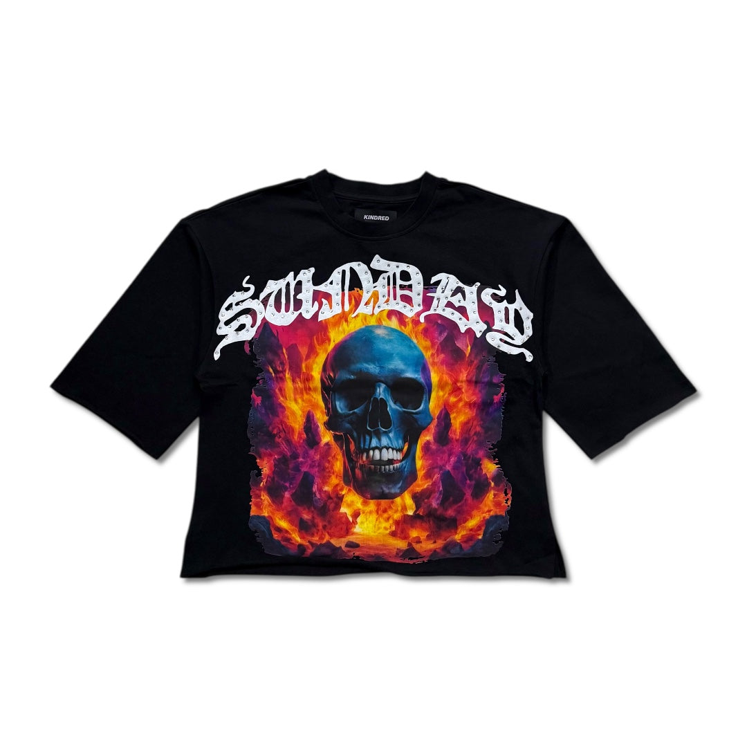 Kindred Men's Rhinestone Flame Skull Cropped Tee – Black