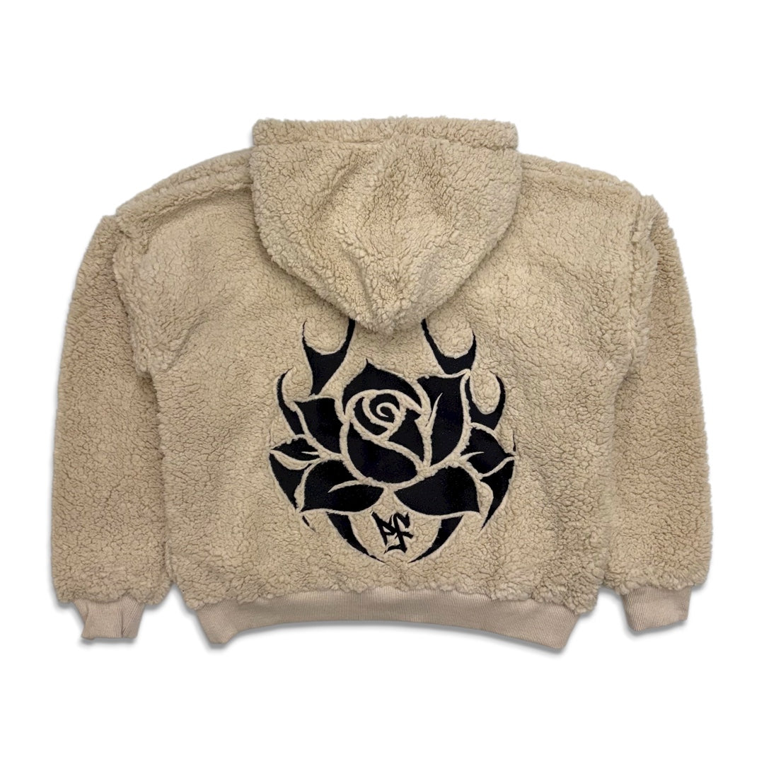 Pushin Flowers Faux Shearling Fleece Hoodie Beige
