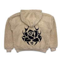 Pushin Flowers Faux Shearling Fleece Hoodie Beige