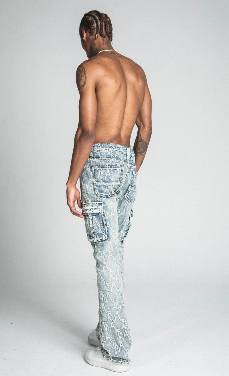 Armor Jeans (Light Blue Logo embroidery Mid-Rise Vintage Cargo Stacked Jean)