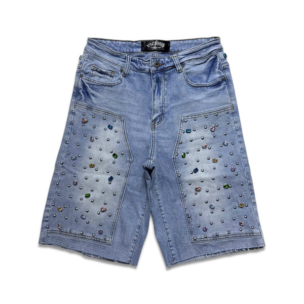 Vicious Denim Men's Embellished Multicolor Gem denim shorts - Light blue