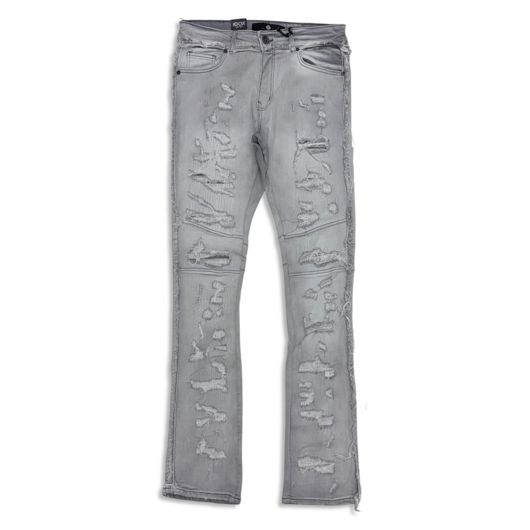 Focus denim (Grey wash frayed stitch knee line stacked jean)