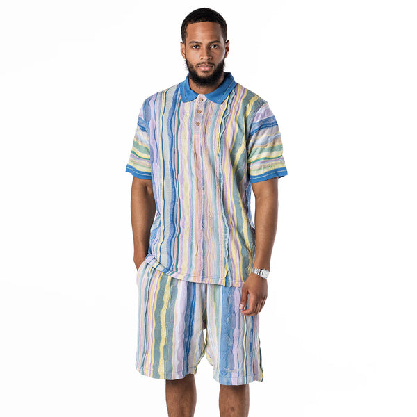 Coogi Australia Men's Lightweight Knit Polo short set  Pink Blue Multi
