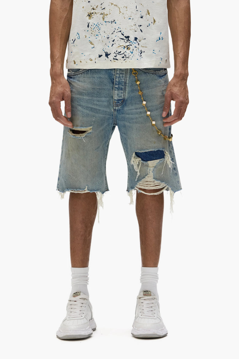 Purple brand faros rip patched shorts light indigo