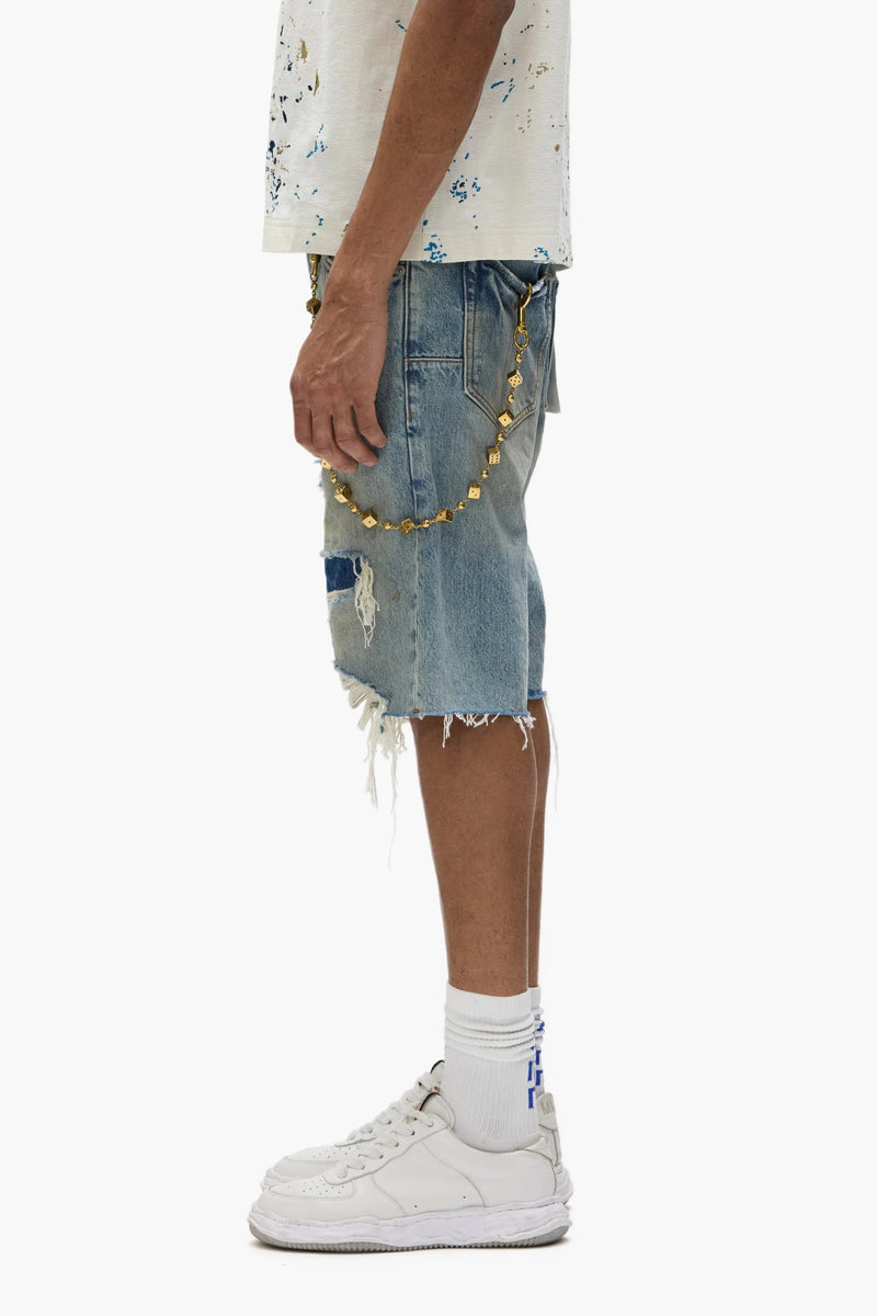 Purple brand faros rip patched shorts light indigo