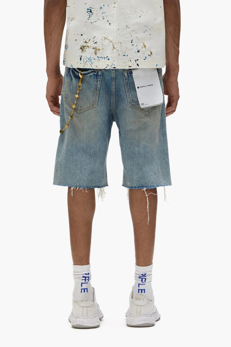 Purple brand faros rip patched shorts light indigo