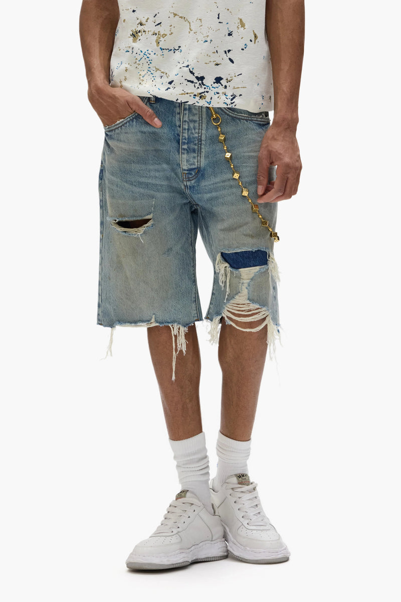Purple brand faros rip patched shorts light indigo