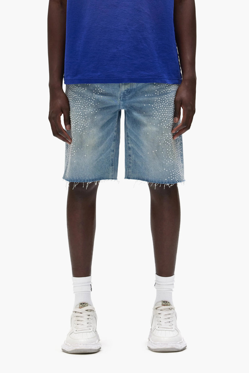 Purple brand Hotfix Pearls Worn Denim Shorts light indigo