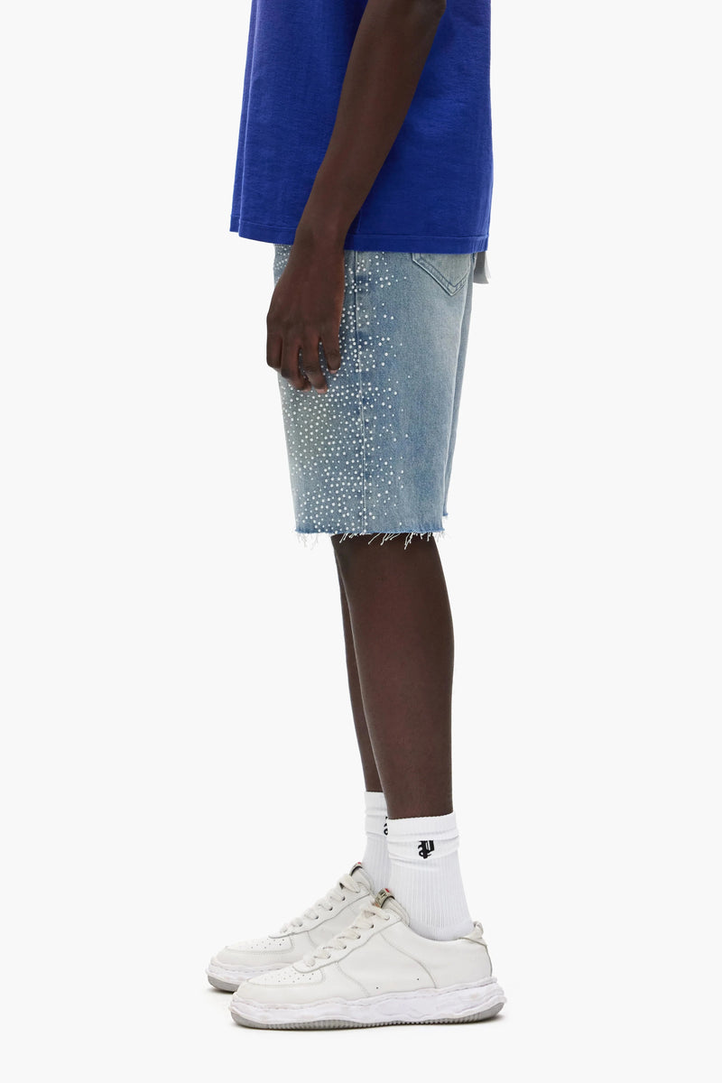 Purple brand Hotfix Pearls Worn Denim Shorts light indigo