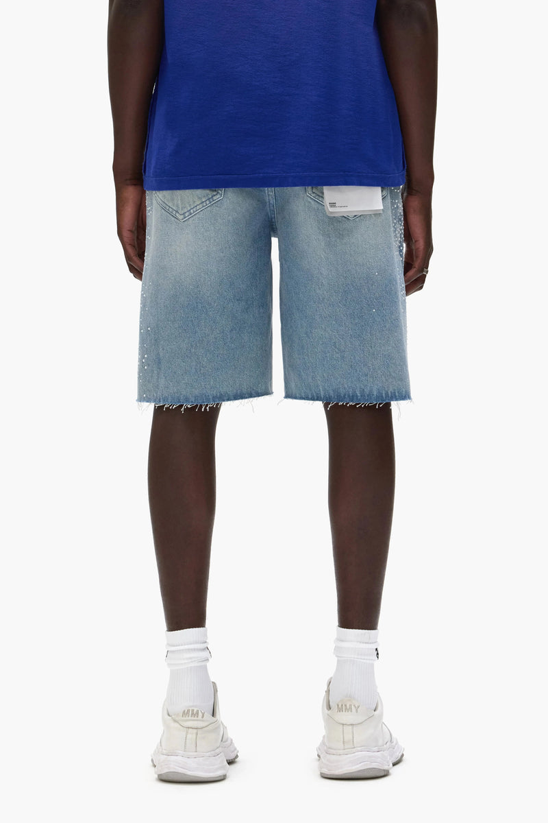 Purple brand Hotfix Pearls Worn Denim Shorts light indigo