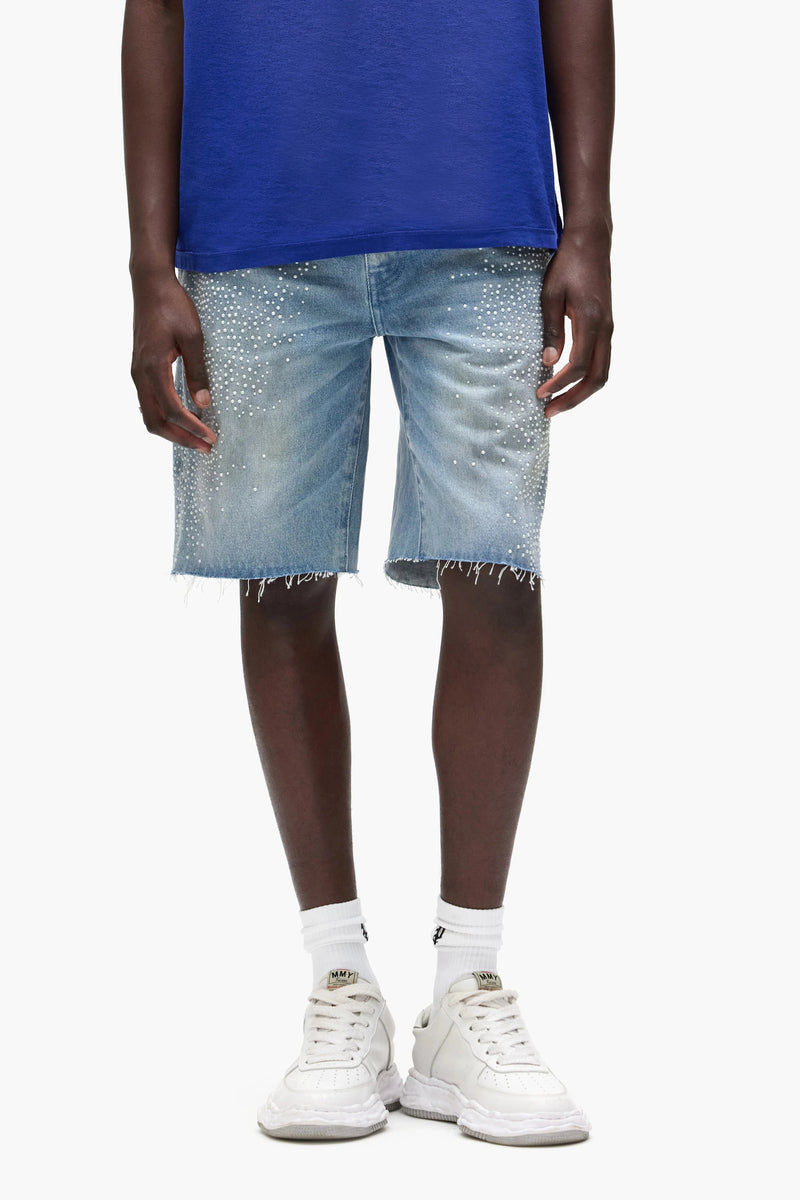 Purple brand Hotfix Pearls Worn Denim Shorts light indigo