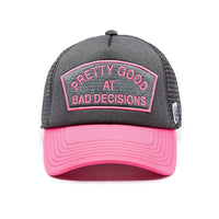 Cult of Individuality "Pretty Good at Bad Decisions" Mesh Trucker Hat - Steel Gray/Hot Pink