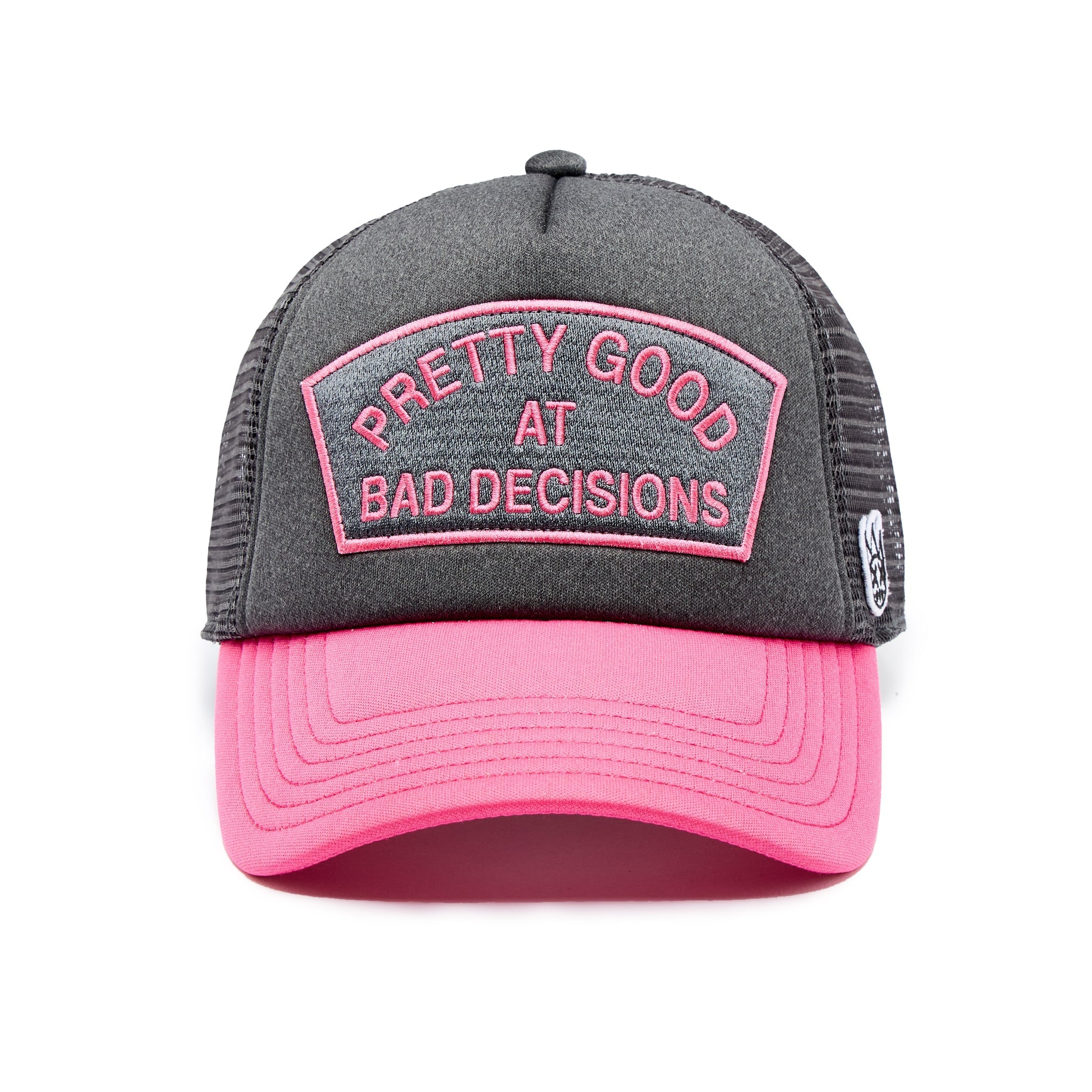 Cult of Individuality "Pretty Good at Bad Decisions" Mesh Trucker Hat - Steel Gray/Hot Pink