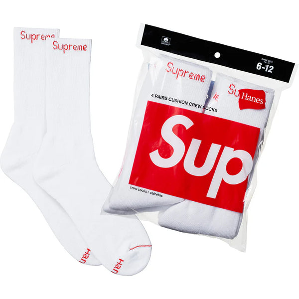 White Supreme x Hanes Crew Socks (4-Pack) with Jacquard logo