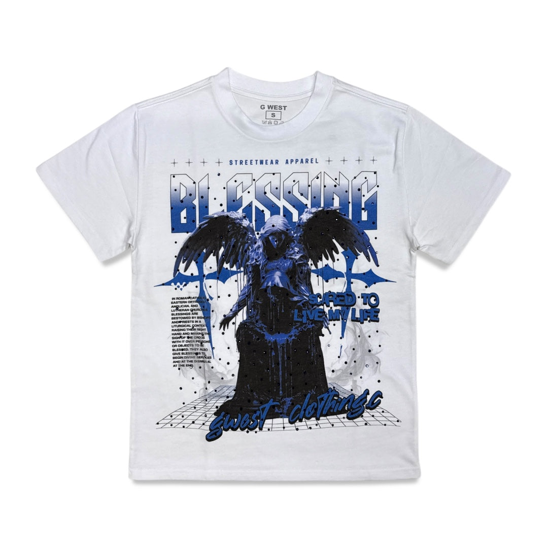 G West Men's Blessing Rhinestone Graphic Tee White/Blueberry