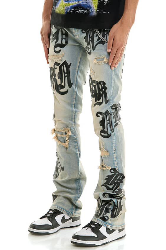 KDNK Men’s Stacked Jeans – Blue Wash Letter Print