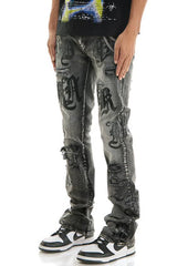 KDNK Men’s Stacked Jeans – Black Wash Letter Print