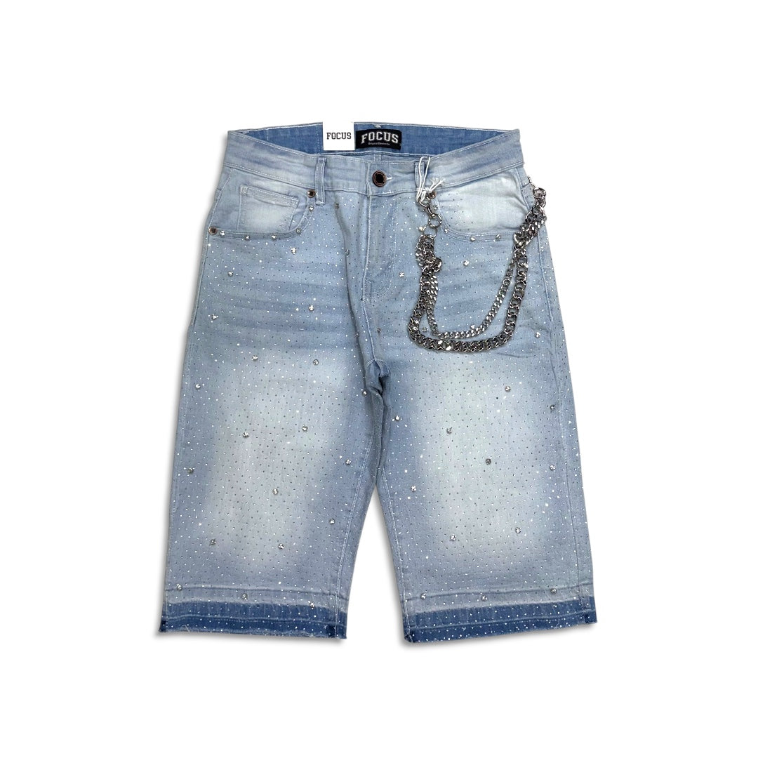 Focus Crystal Rhinestone Denim Shorts Ice Blue