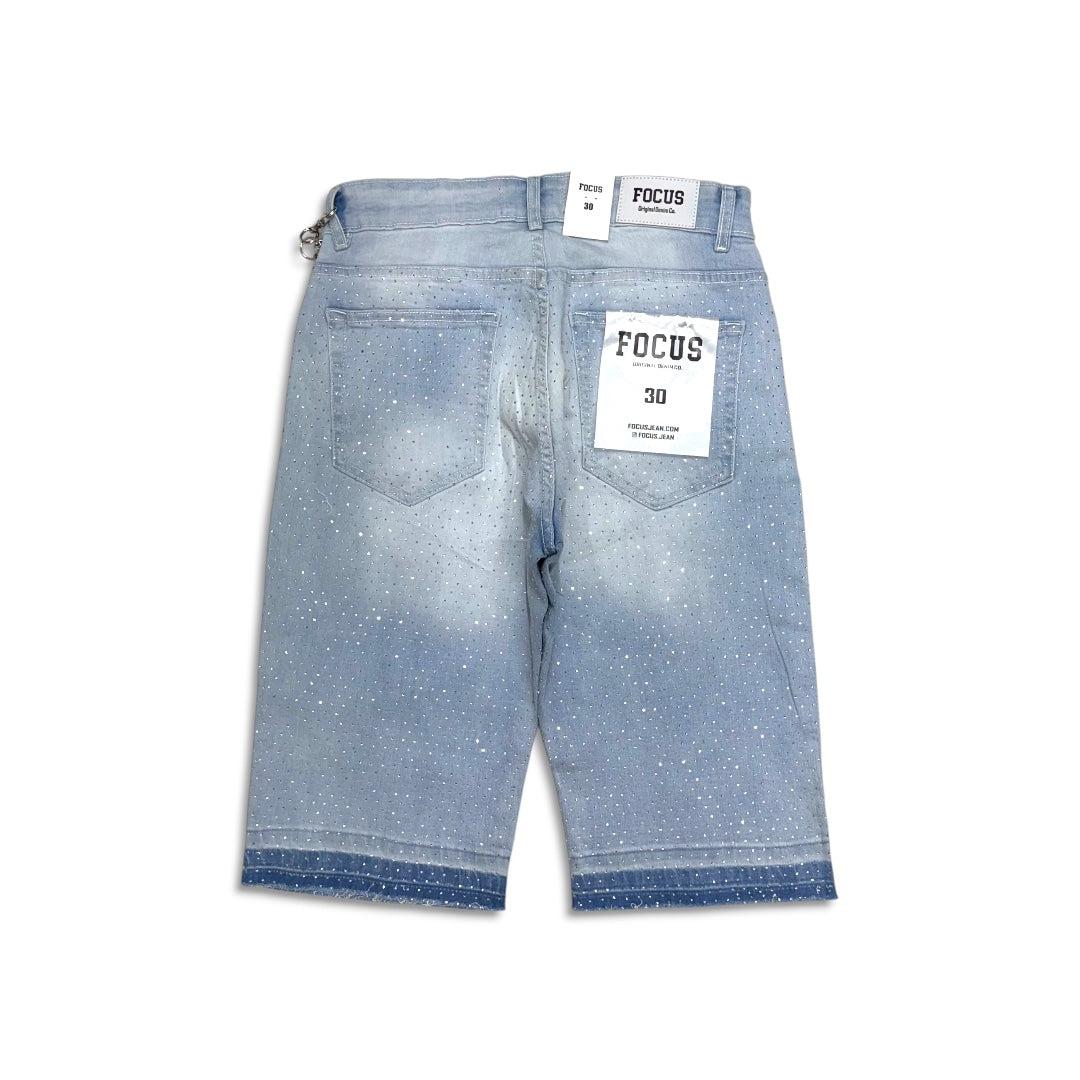 Focus Crystal Rhinestone Denim Shorts Ice Blue