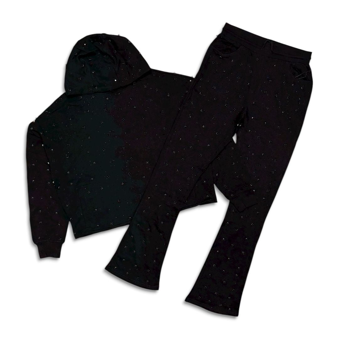 Rebel Denim French Terry Gloss Jet black Stones Stacked Jogger set