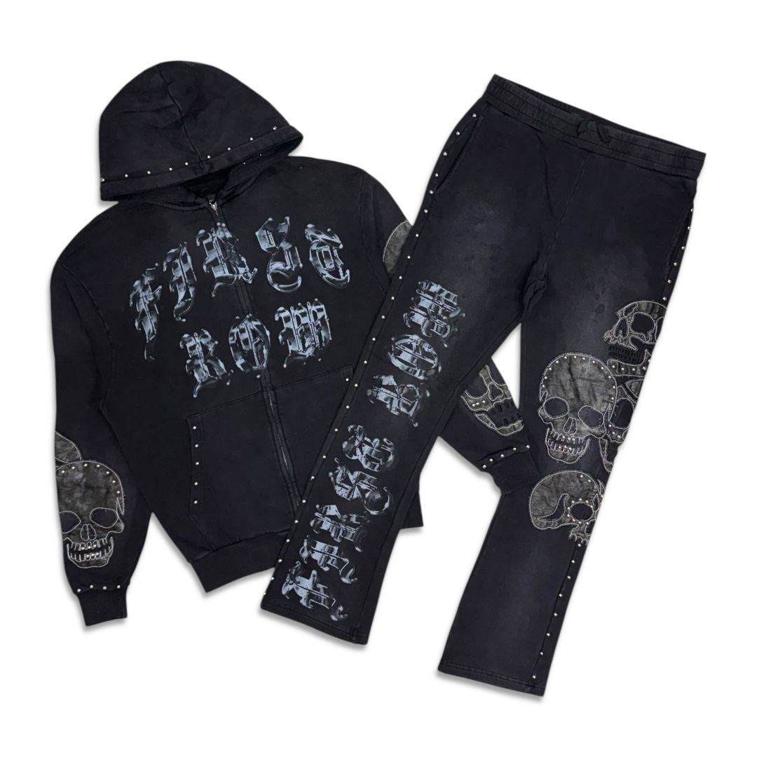 First Row Wake Up And Be Fierce Applique Stacked Jogger Set black