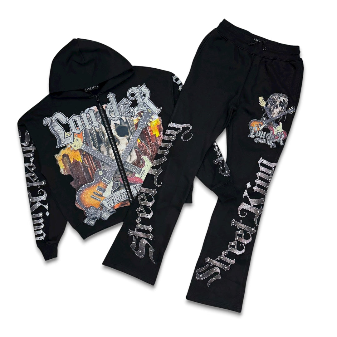 Roku Studio Louder Than Life Rhinestone Flare Jogger Set Black