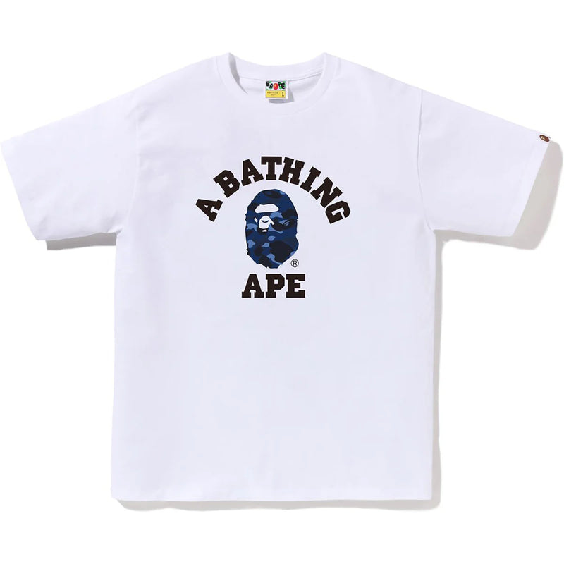 Bape Men's White x Navy Blue color camo college tee