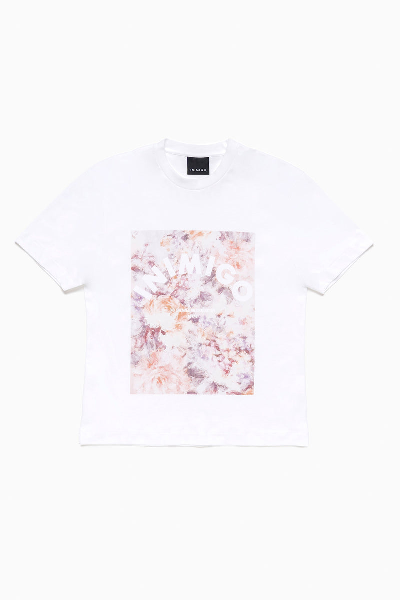 Inimigio (White Abstract Flowers Print Comfort Tie-Dye T-shirt)