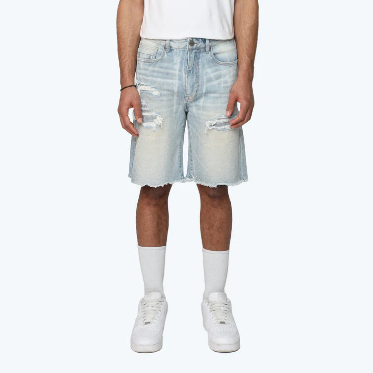 Smoke Rise Men's All Rhinestone Jean Shorts Brittany Blue