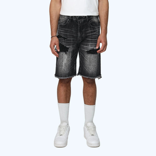 Smoke Rise Men’s All Rhinestone Jean Shorts Hematite Black