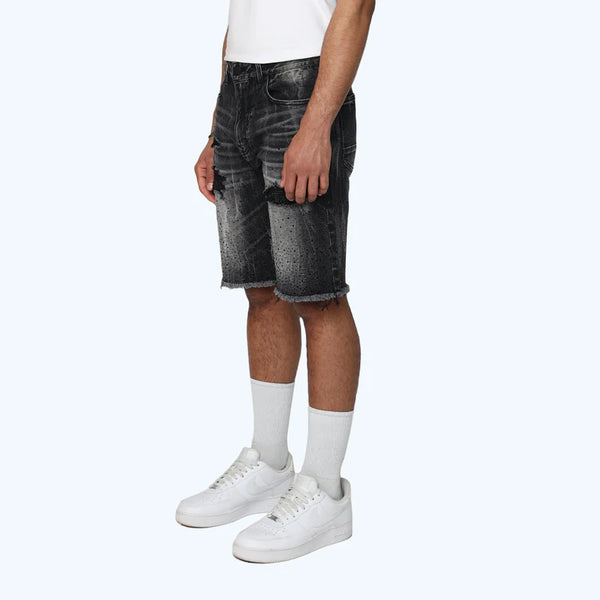Smoke Rise Men’s All Rhinestone Jean Shorts Hematite Black