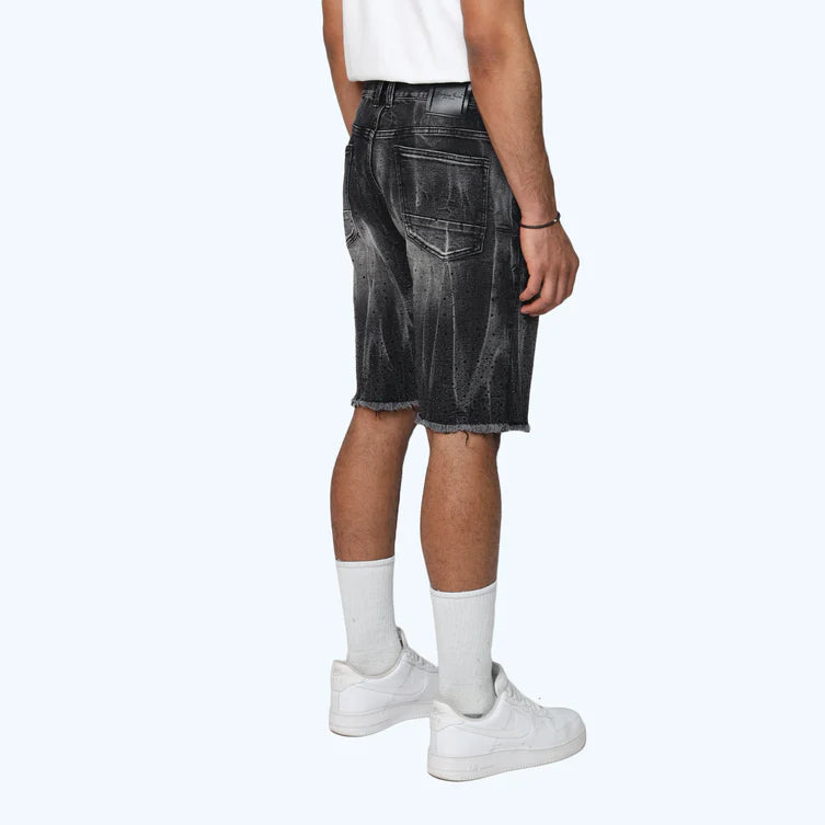Smoke Rise Men’s All Rhinestone Jean Shorts Hematite Black