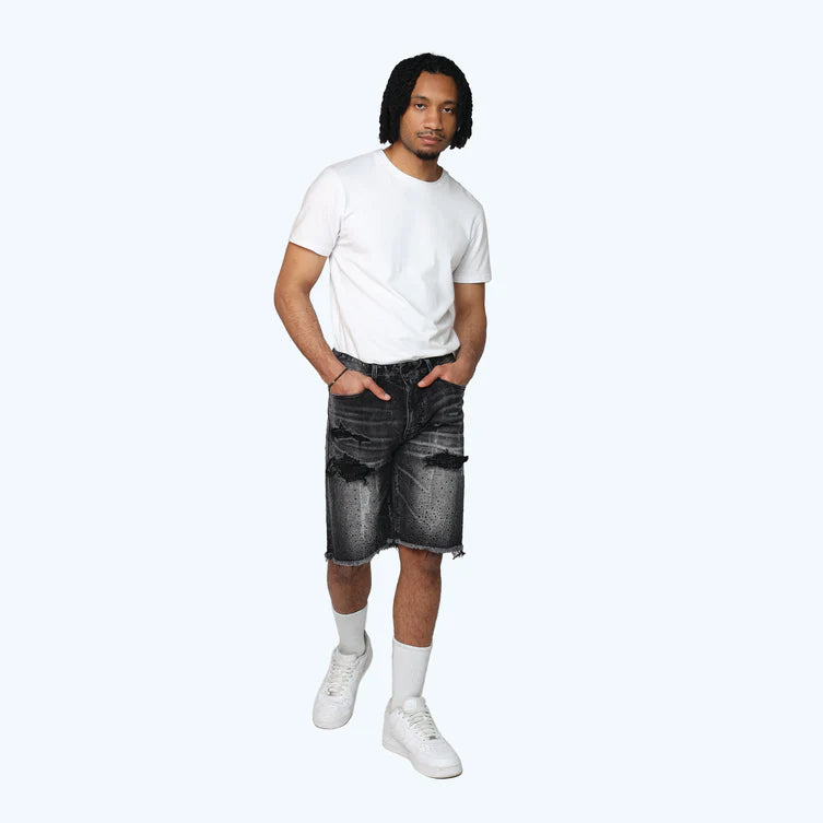 Smoke Rise Men’s All Rhinestone Jean Shorts Hematite Black