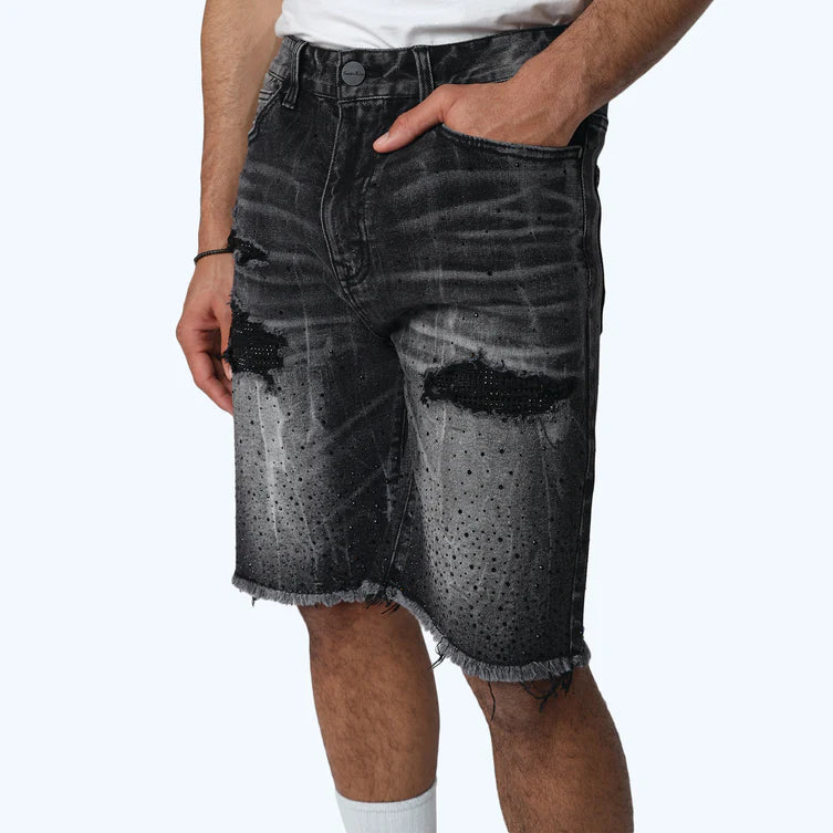 Smoke Rise Men’s All Rhinestone Jean Shorts Hematite Black